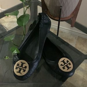 Tory Burch Black Flats with Gold Emblem